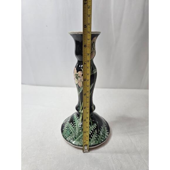Vintage Porcelain Floral Candle Stick Holders Hand Painted in Macau 80s Black - Picture 8 of 13